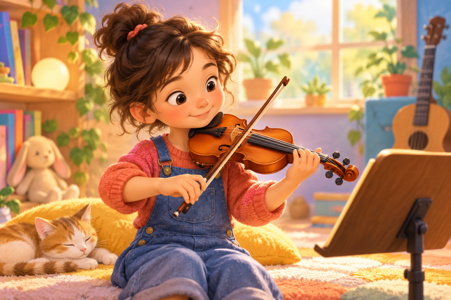 Un enfant decouvre un petit violon adapte a sa taille, archet pose doucement sur les cordes, posture curieuse.