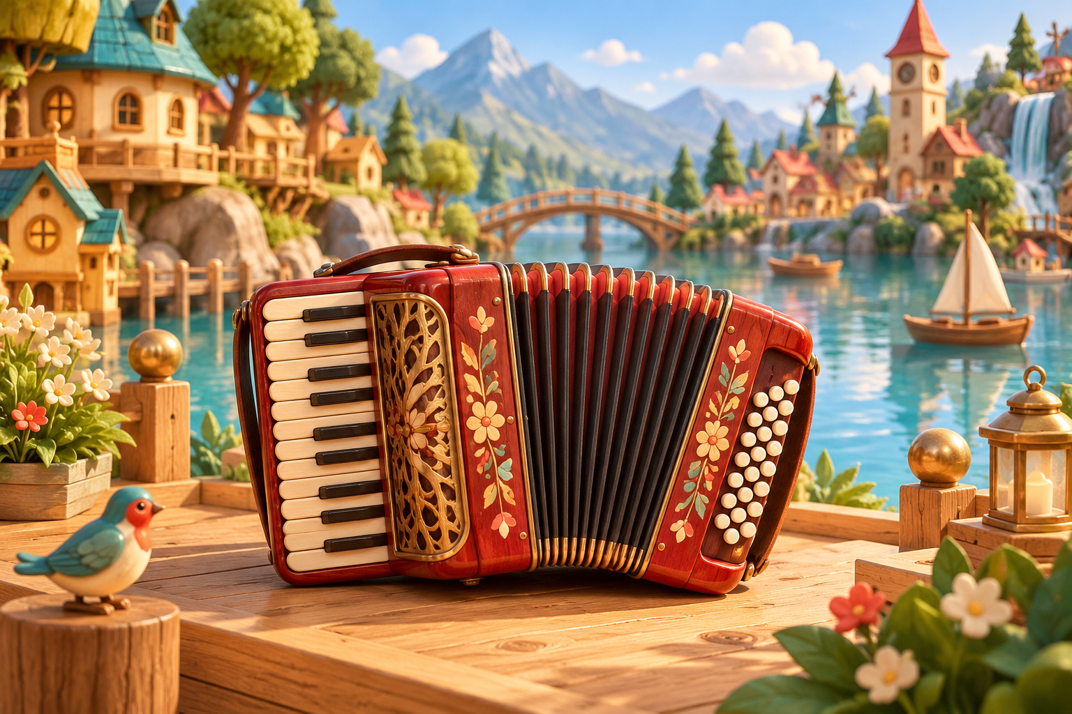 Illustration de Accordéon pour Melodiwi, direction artistique du village-boîte à musique.