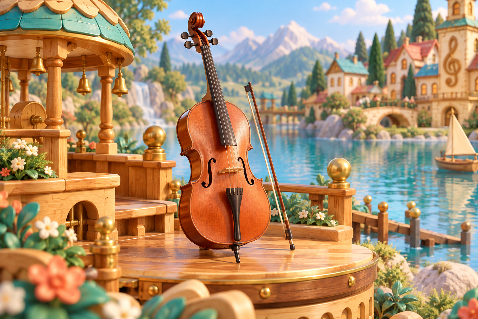 Illustration de Arpeggione pour Melodiwi, direction artistique du village-boîte à musique.