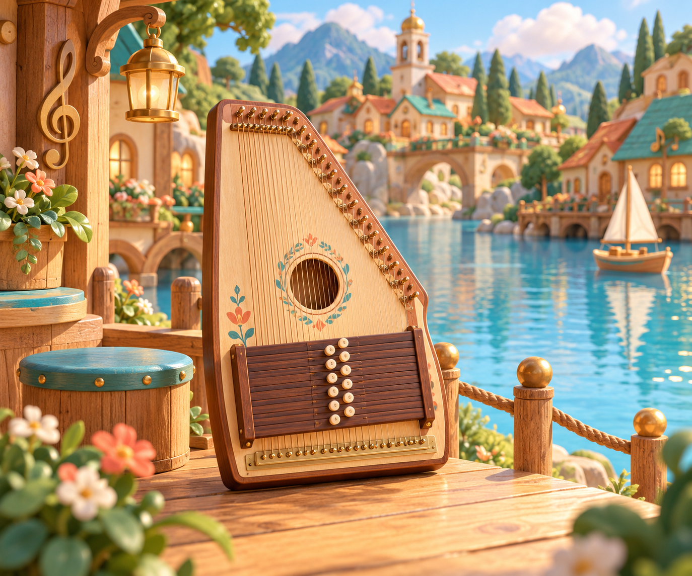 Illustration de Autoharpe pour Melodiwi, direction artistique du village-boîte à musique.