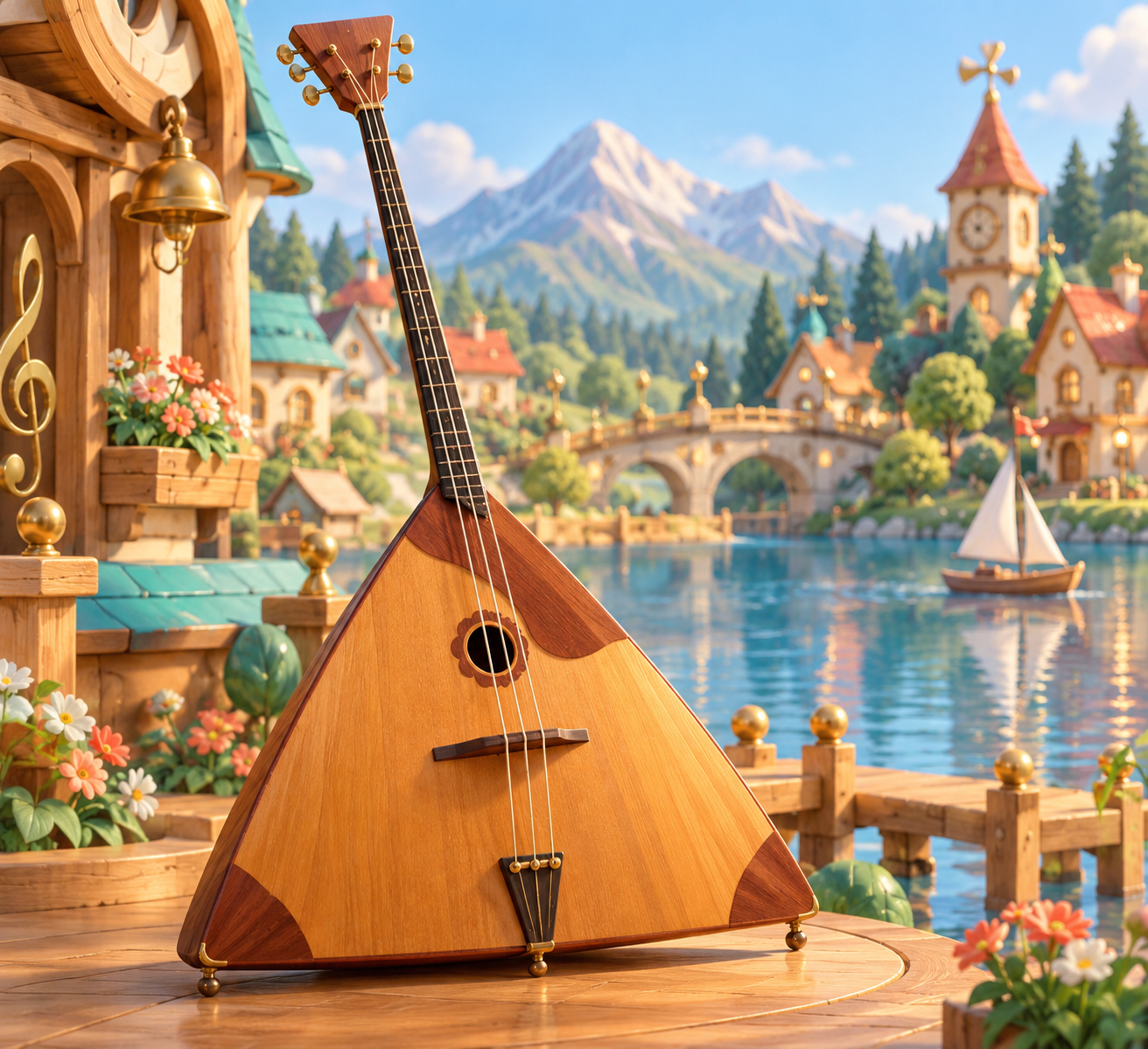 Illustration de Balalaïka contrebasse pour Melodiwi, direction artistique du village-boîte à musique.