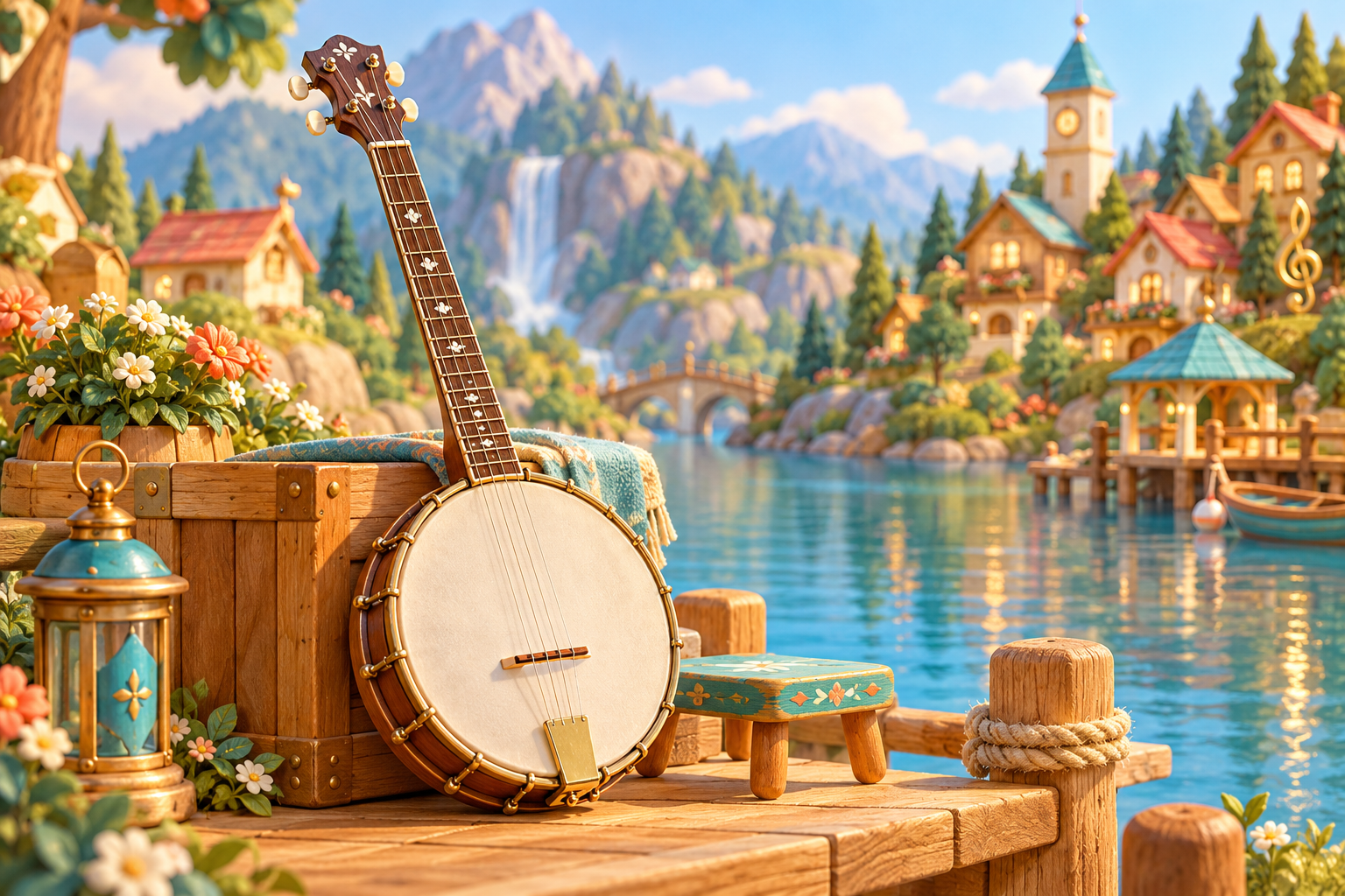 Illustration de Banjo pour Melodiwi, direction artistique du village-boîte à musique.