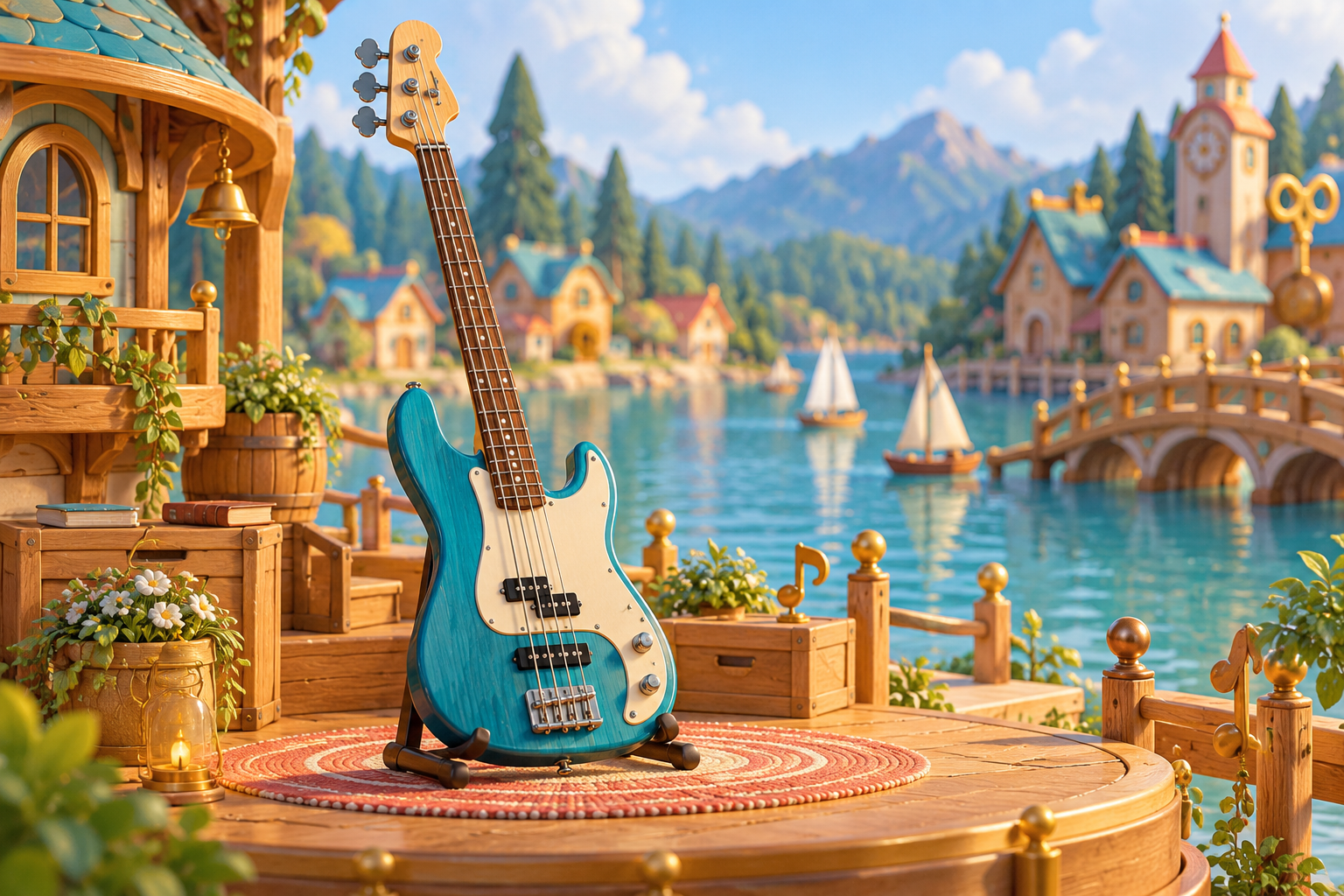 Illustration de Basse électrique pour Melodiwi, direction artistique du village-boîte à musique.