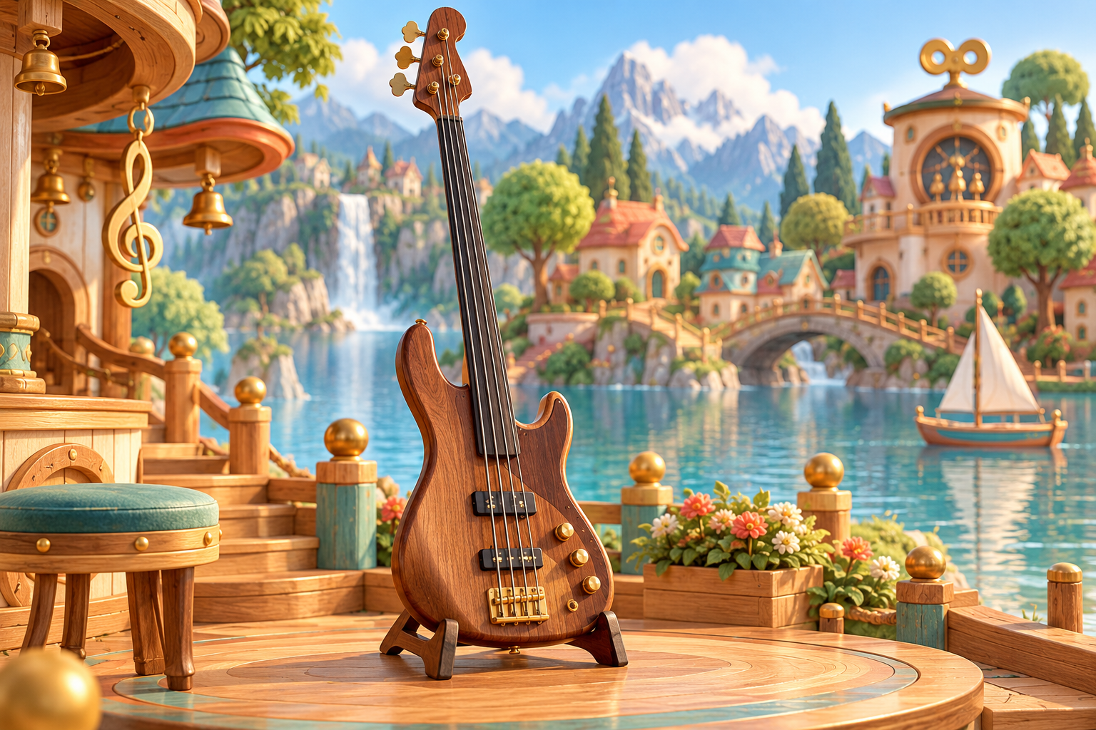 Illustration de Basse fretless pour Melodiwi, direction artistique du village-boîte à musique.