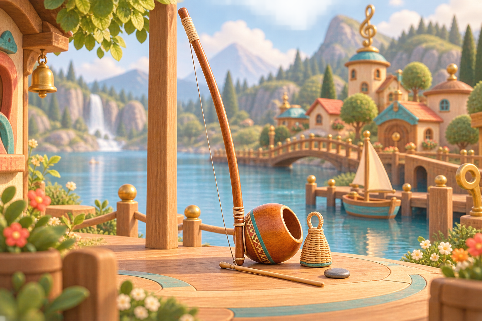 Illustration de Berimbau pour Melodiwi, direction artistique du village-boîte à musique.