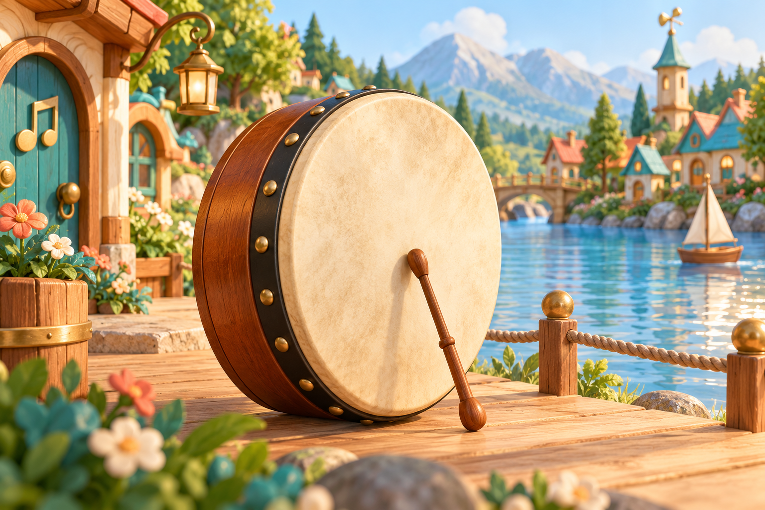 Illustration de Bodhrán pour Melodiwi, direction artistique du village-boîte à musique.