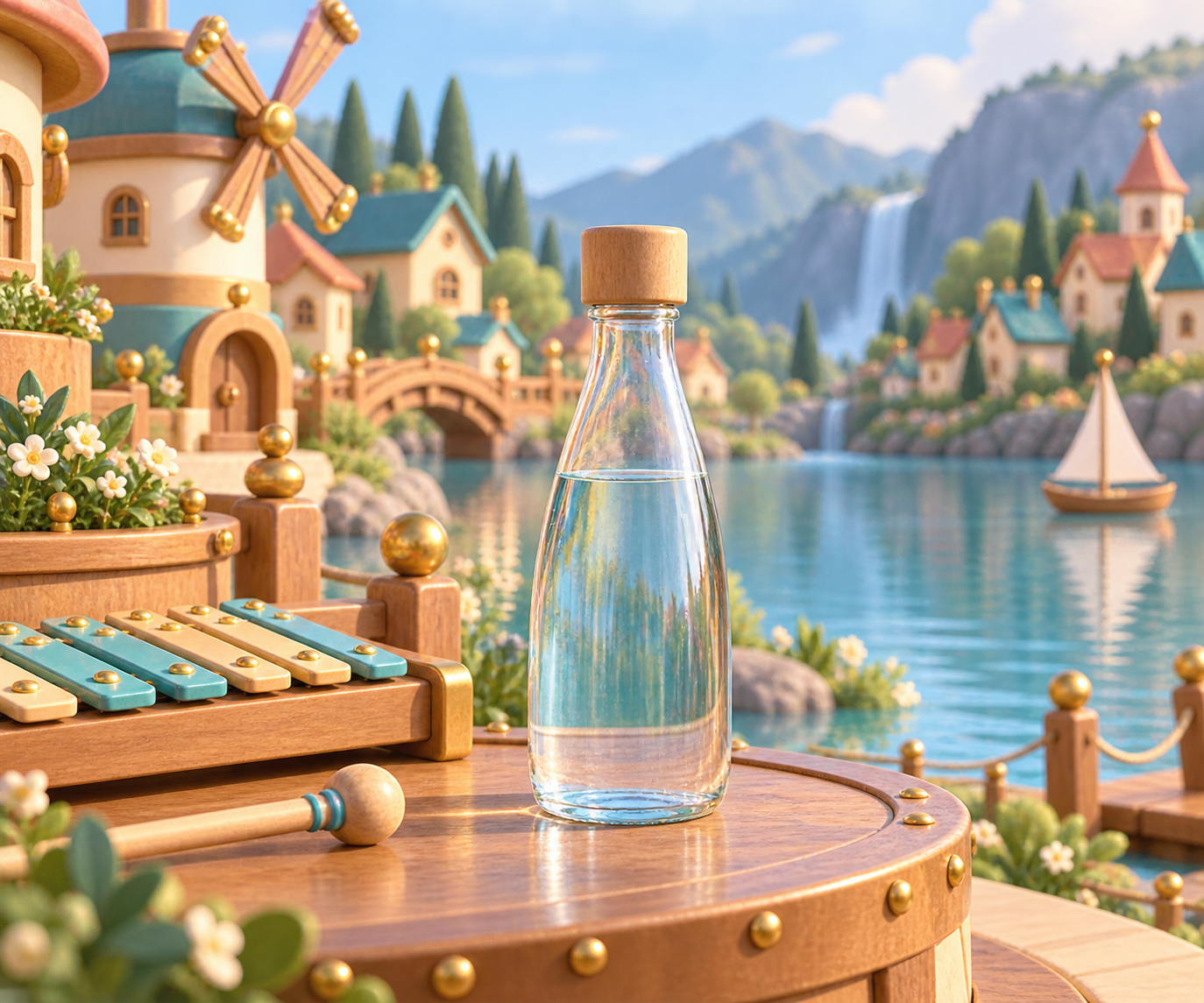 Illustration de Bouteille d'eau accordée pour Melodiwi, direction artistique du village-boîte à musique.