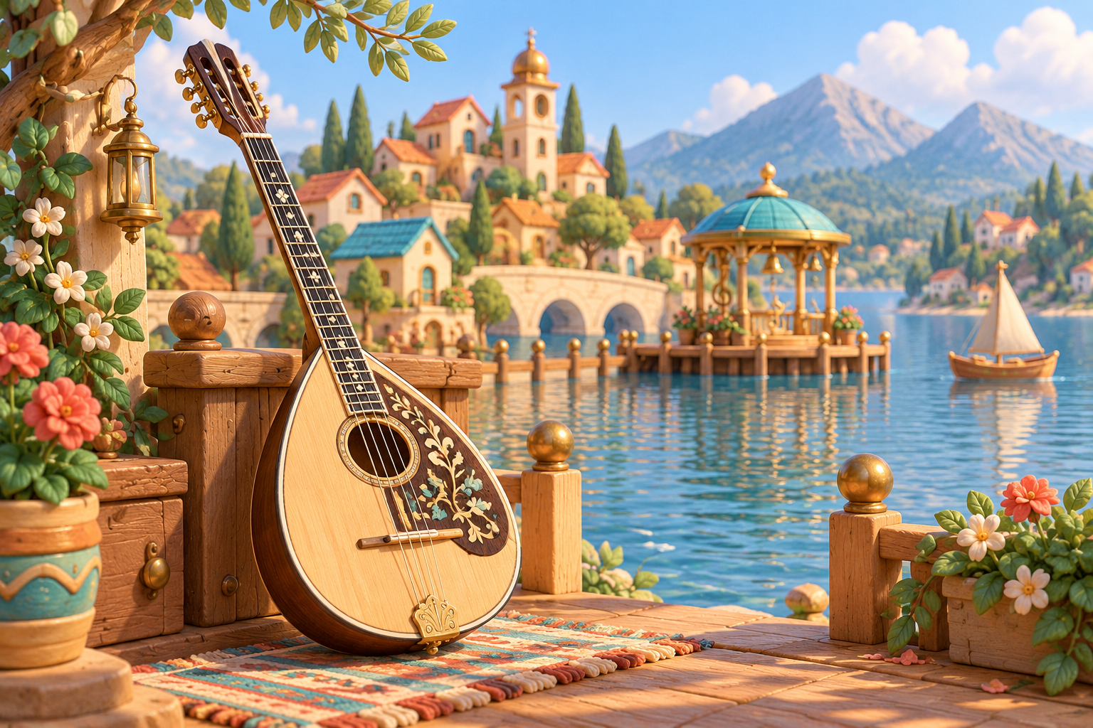 Illustration de Bouzouki pour Melodiwi, direction artistique du village-boîte à musique.