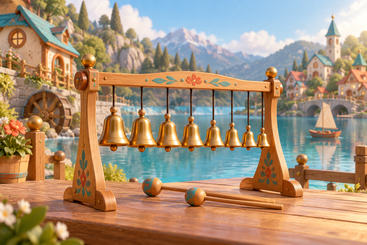Illustration de Carillon de cloches pour Melodiwi, direction artistique du village-boîte à musique.