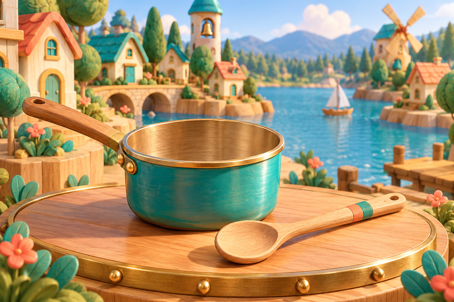 Illustration de Casserole et cuillère en bois pour Melodiwi, direction artistique du village-boîte à musique.