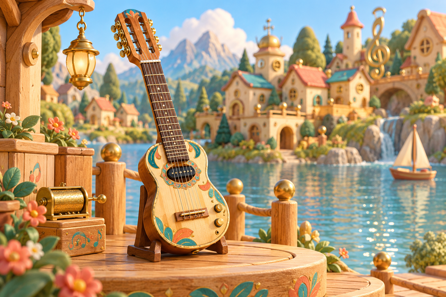 Illustration de Charango électrique pour Melodiwi, direction artistique du village-boîte à musique.