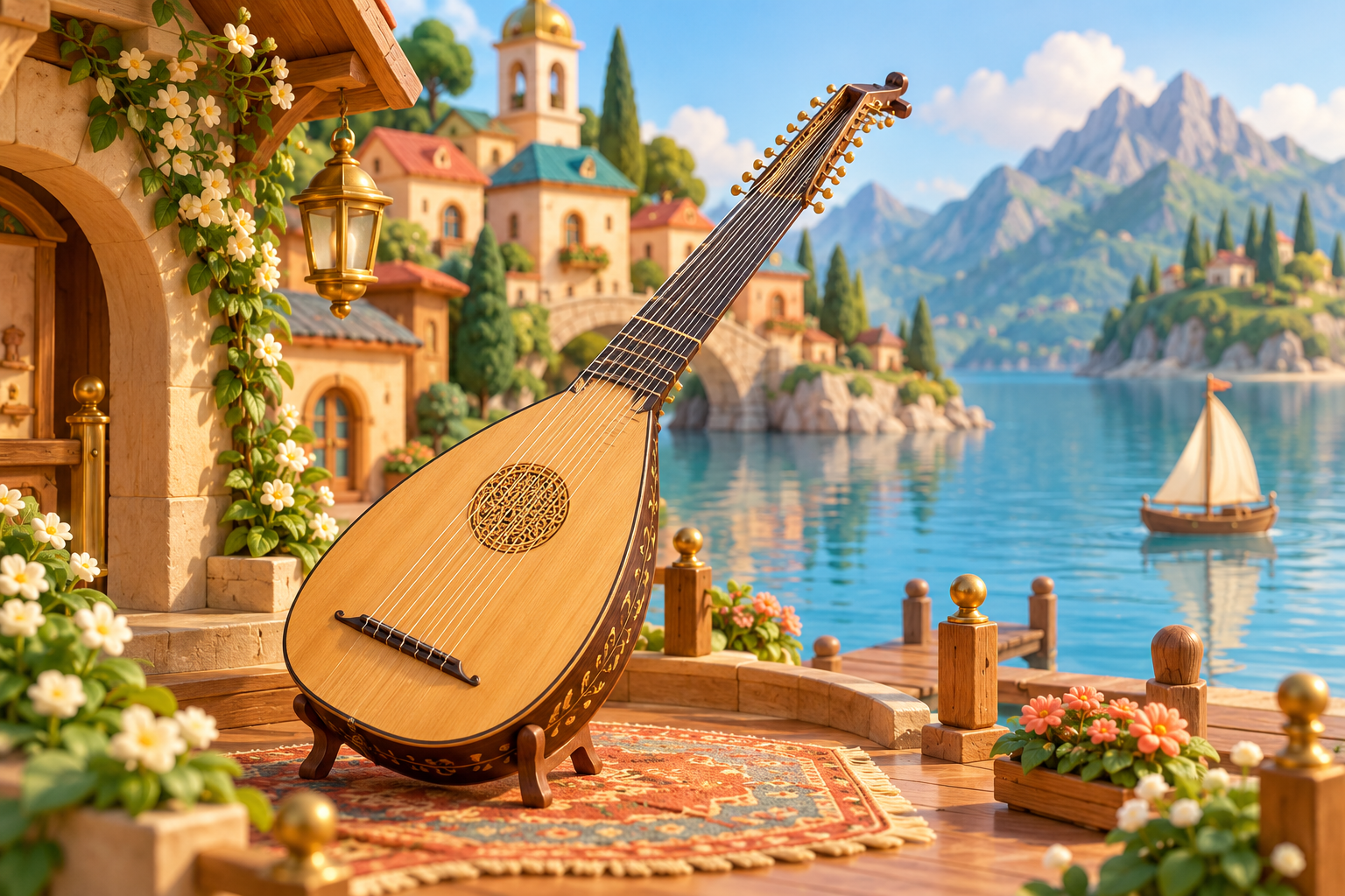 Illustration de Chitarrone pour Melodiwi, direction artistique du village-boîte à musique.