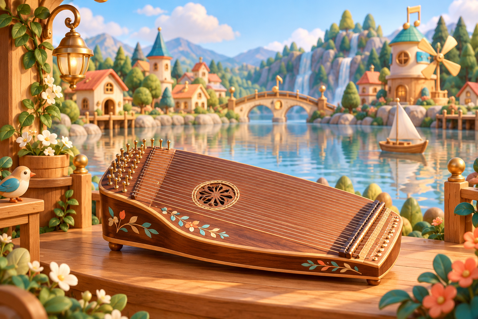 Illustration de Cithare pour Melodiwi, direction artistique du village-boîte à musique.