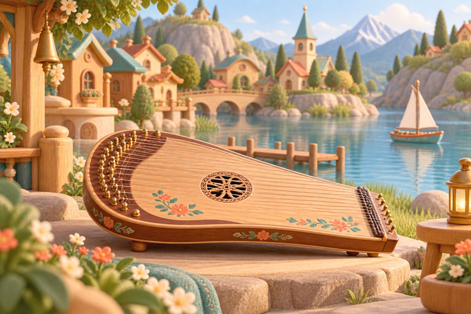 Illustration de Cithare pour Melodiwi, direction artistique du village-boîte à musique.