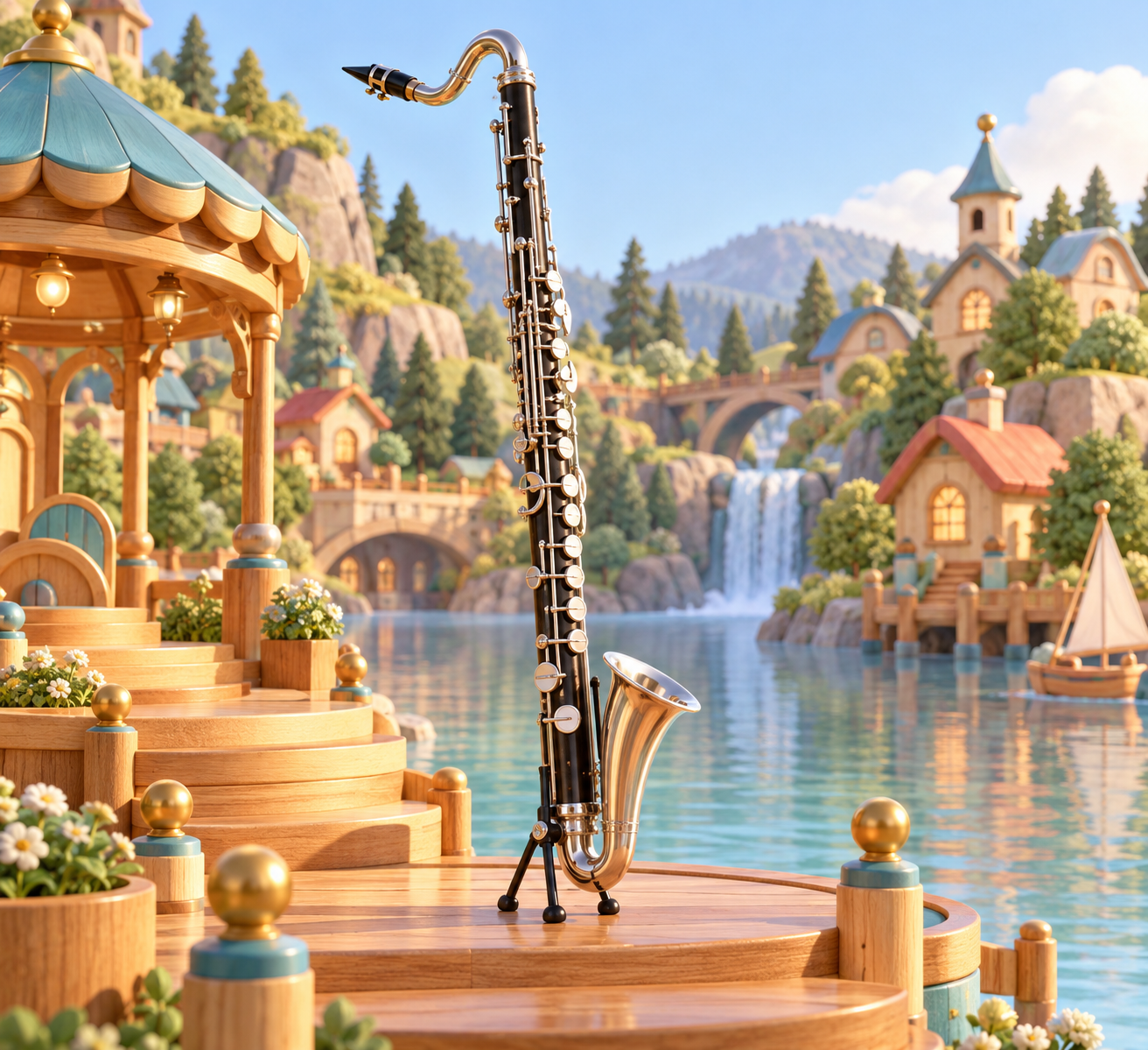 Illustration de Clarinette contrebasse pour Melodiwi, direction artistique du village-boîte à musique.