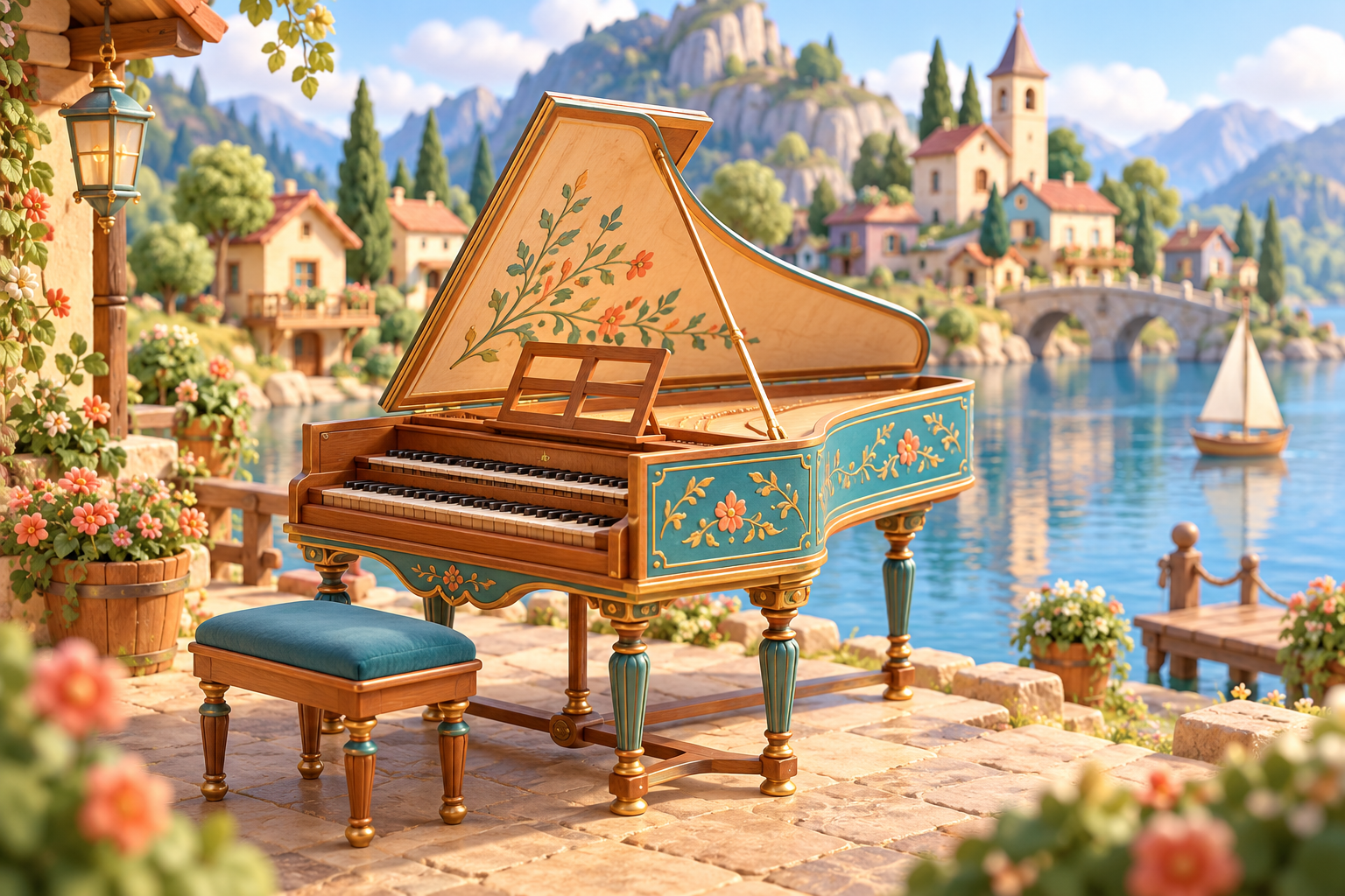 Illustration de Clavecin pour Melodiwi, direction artistique du village-boîte à musique.