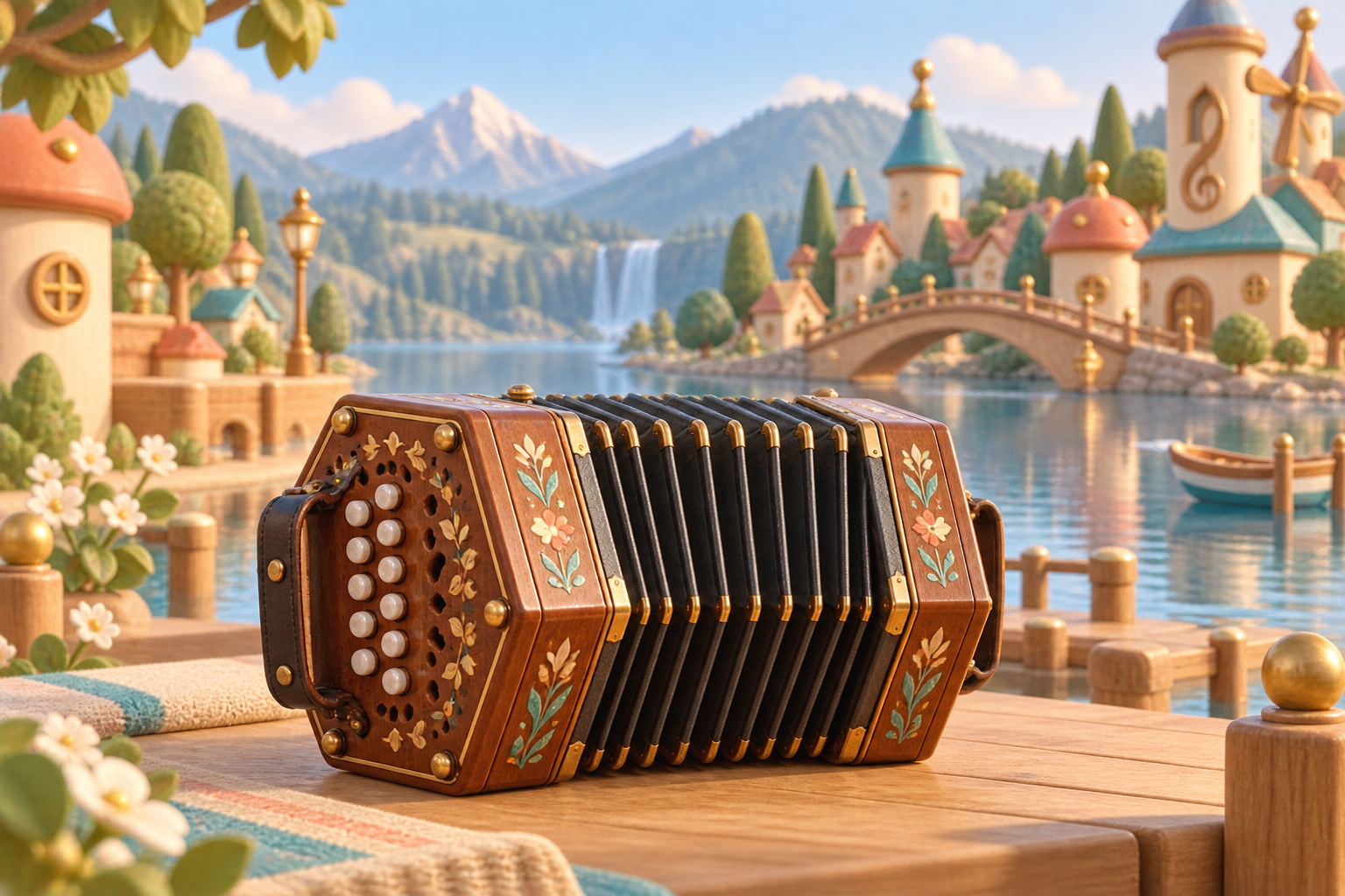 Illustration de Concertina pour Melodiwi, direction artistique du village-boîte à musique.