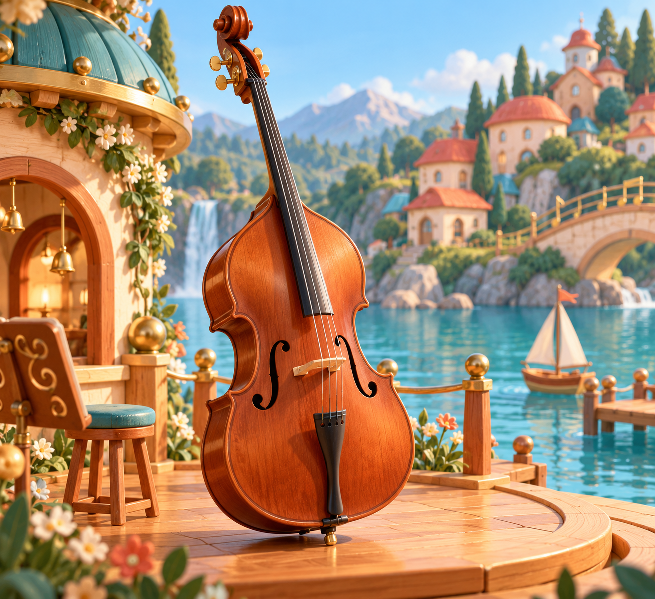 Illustration de Contrebasse pour Melodiwi, direction artistique du village-boîte à musique.