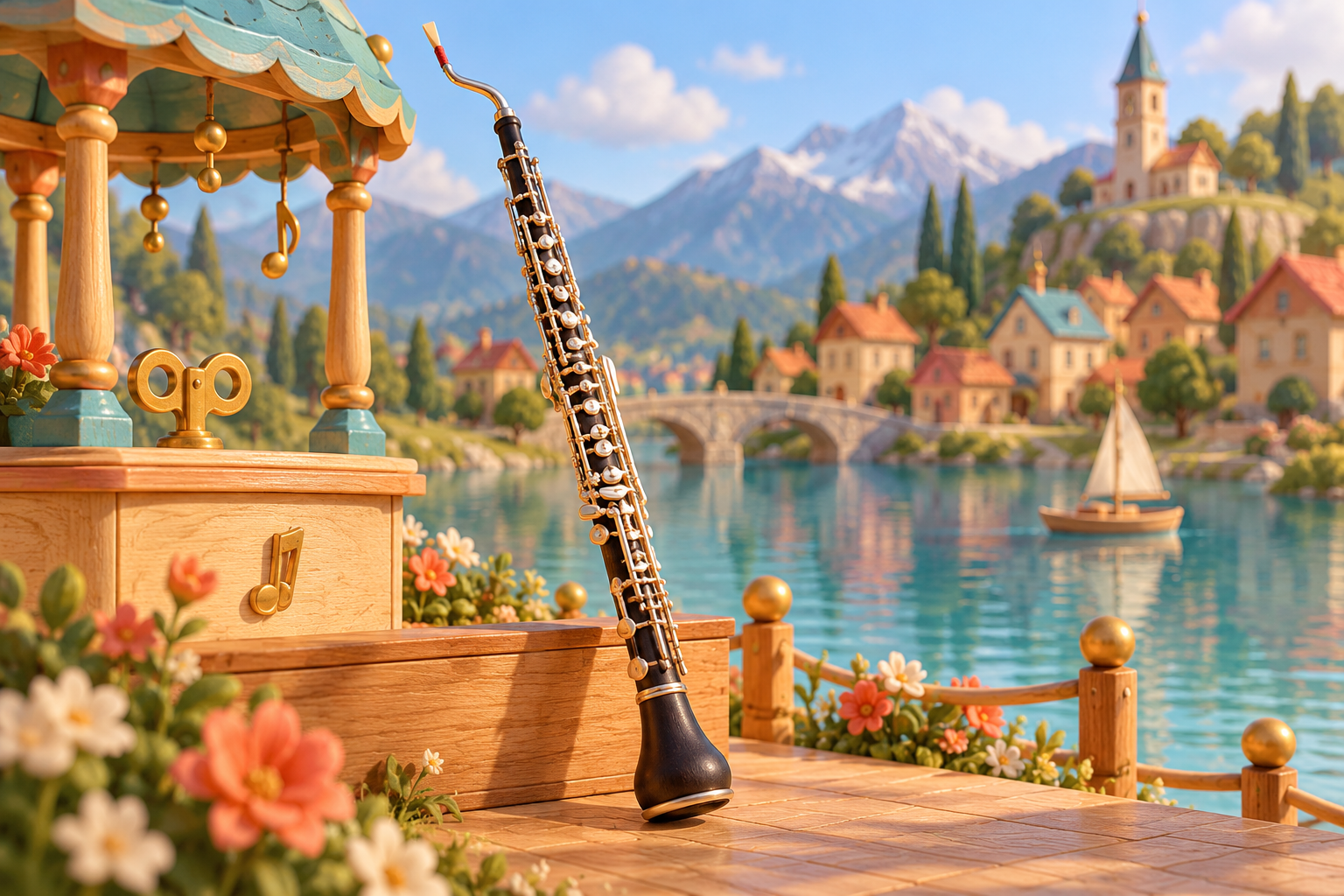 Illustration de Cor anglais pour Melodiwi, direction artistique du village-boîte à musique.