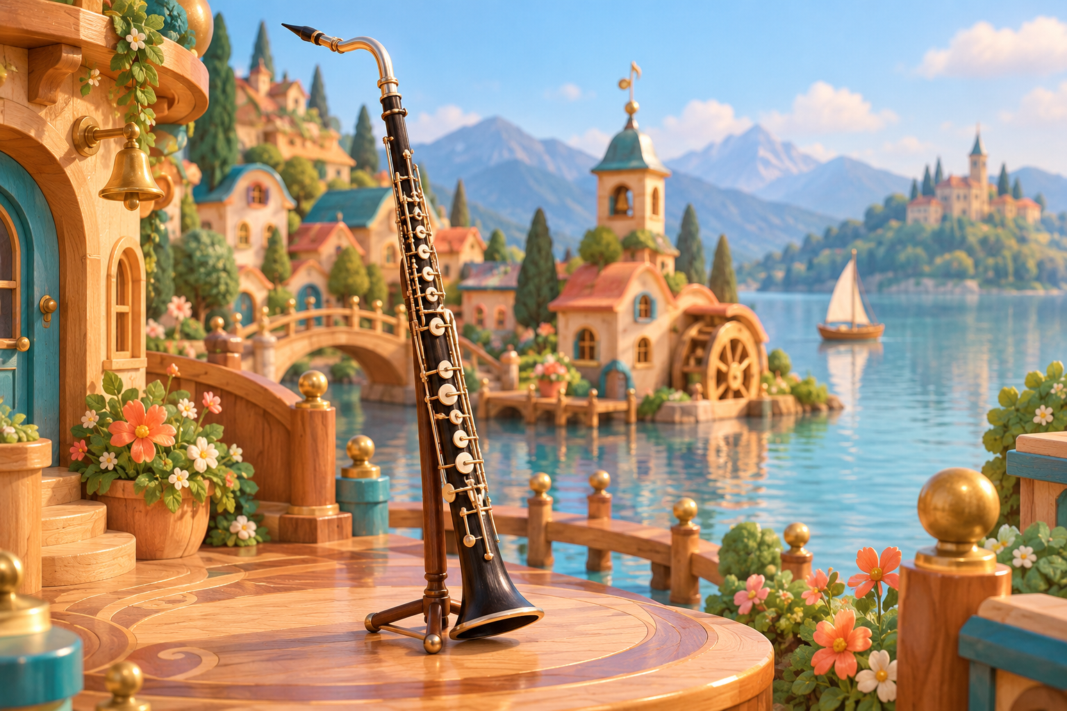 Illustration de Cor de basset pour Melodiwi, direction artistique du village-boîte à musique.