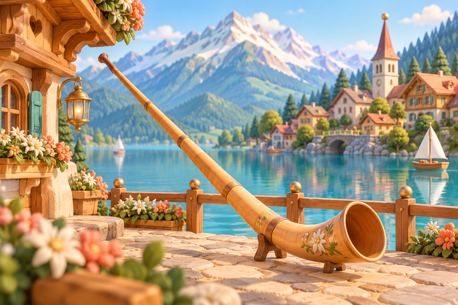 Illustration de Cor des Alpes pour Melodiwi, direction artistique du village-boîte à musique.