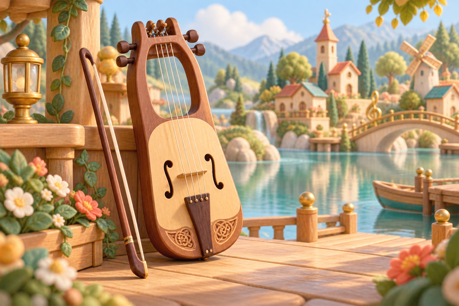 Illustration de Crwth pour Melodiwi, direction artistique du village-boîte à musique.