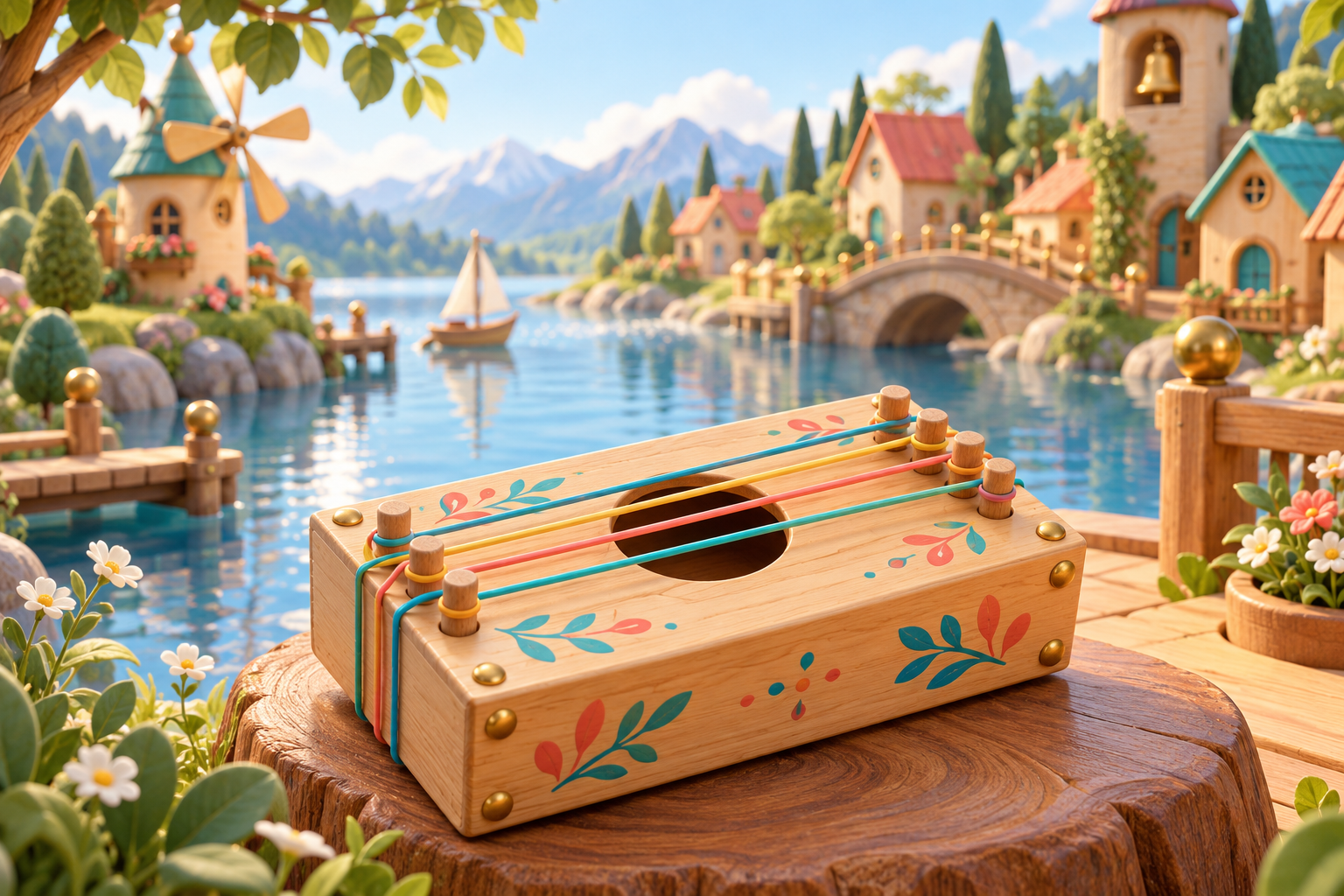 Illustration de Élastiques tendus sur boîte pour Melodiwi, direction artistique du village-boîte à musique.