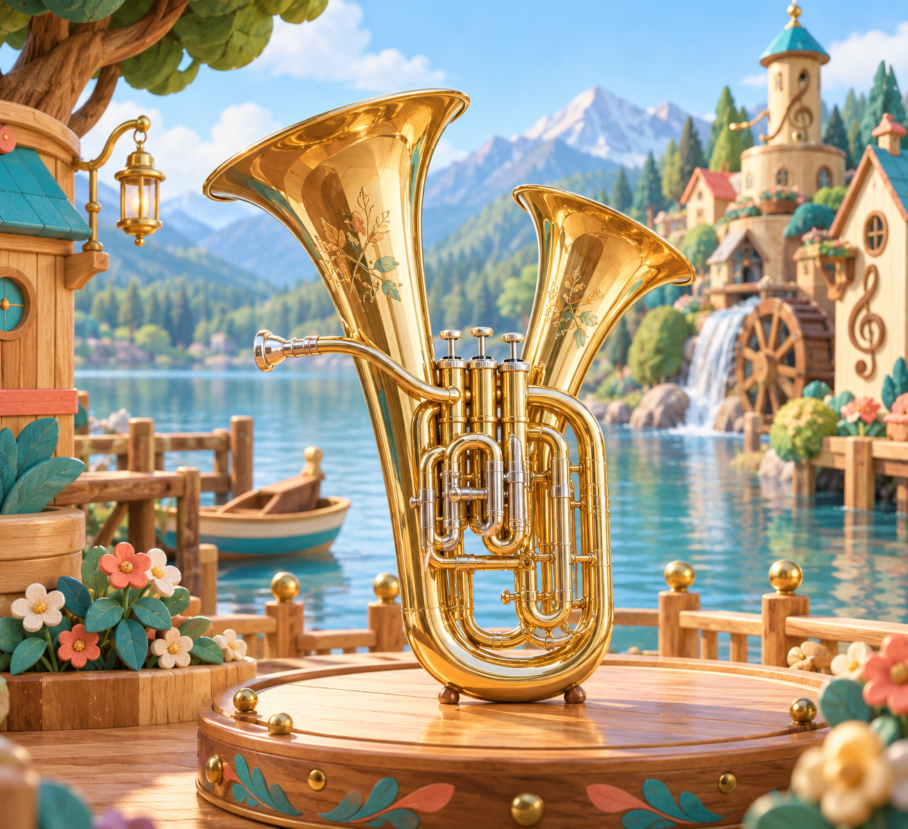 Illustration de Euphonium à pavillon double pour Melodiwi, direction artistique du village-boîte à musique.