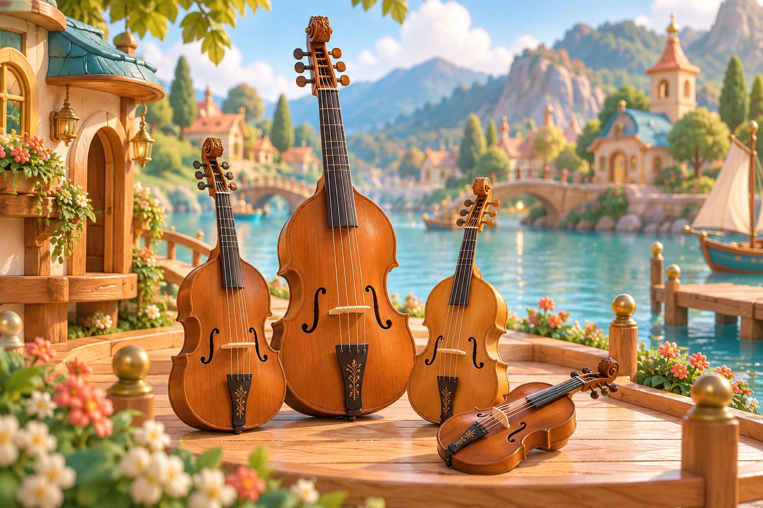 Illustration de Famille des violes pour Melodiwi, direction artistique du village-boîte à musique.
