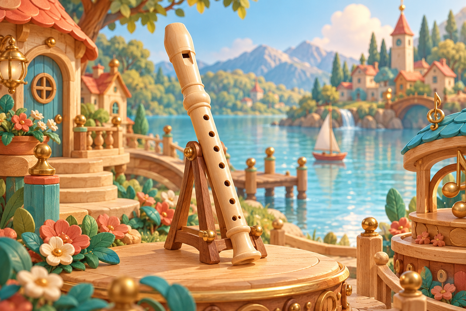 Illustration de Flûte à bec pour Melodiwi, direction artistique du village-boîte à musique.