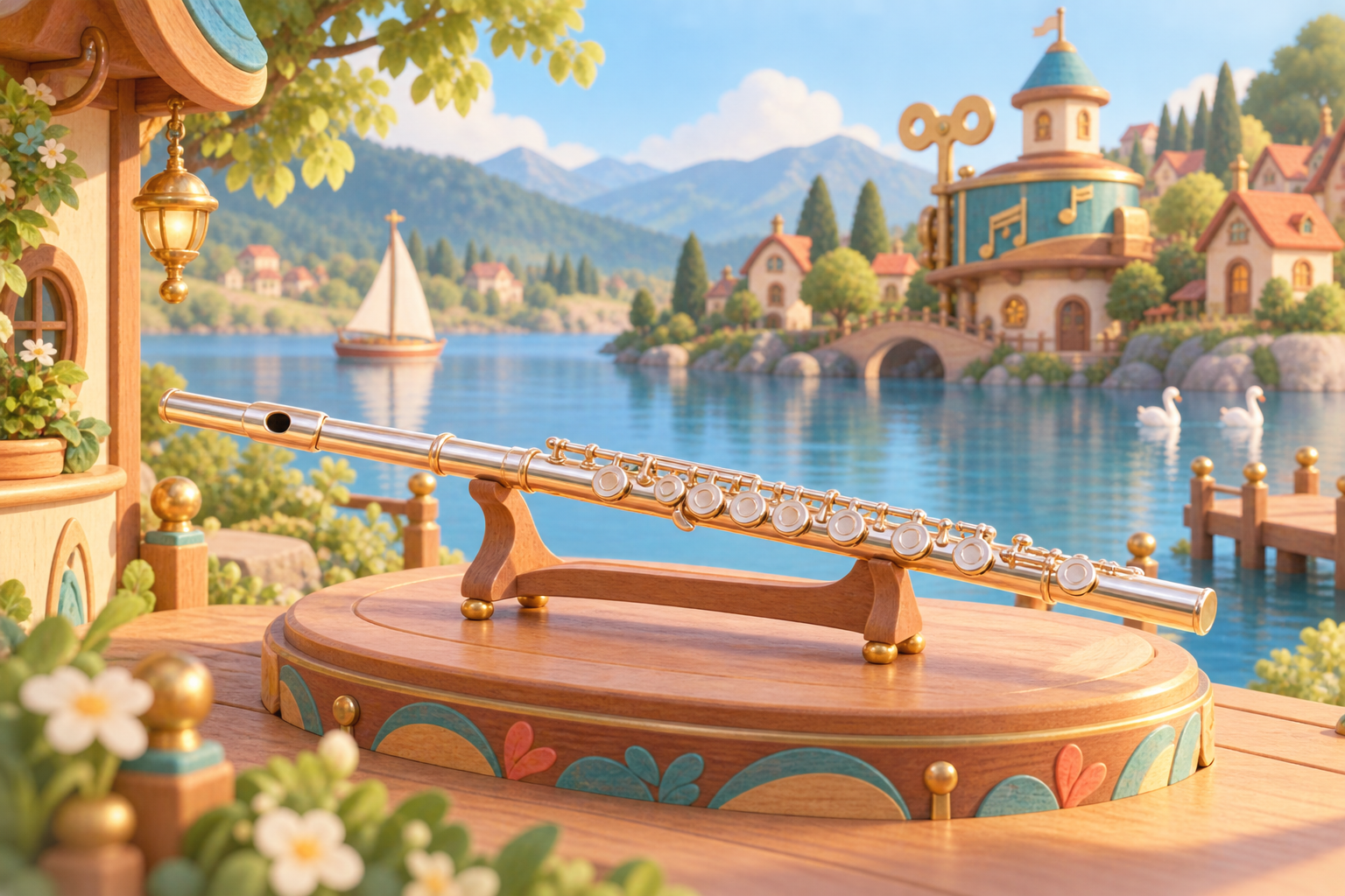 Illustration de Flûte à coulisse pour Melodiwi, direction artistique du village-boîte à musique.
