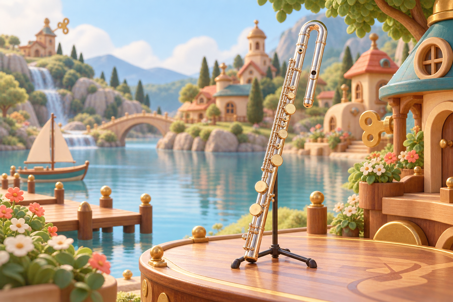 Illustration de Flûte basse pour Melodiwi, direction artistique du village-boîte à musique.