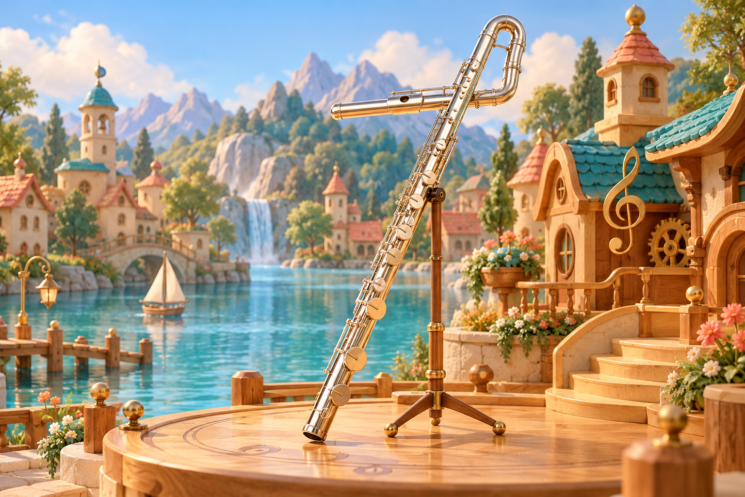 Illustration de Flûte hyperbasse pour Melodiwi, direction artistique du village-boîte à musique.