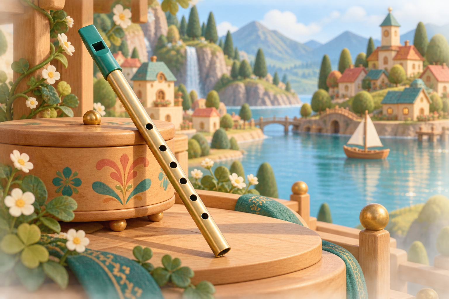 Illustration de Flûte irlandaise pour Melodiwi, direction artistique du village-boîte à musique.