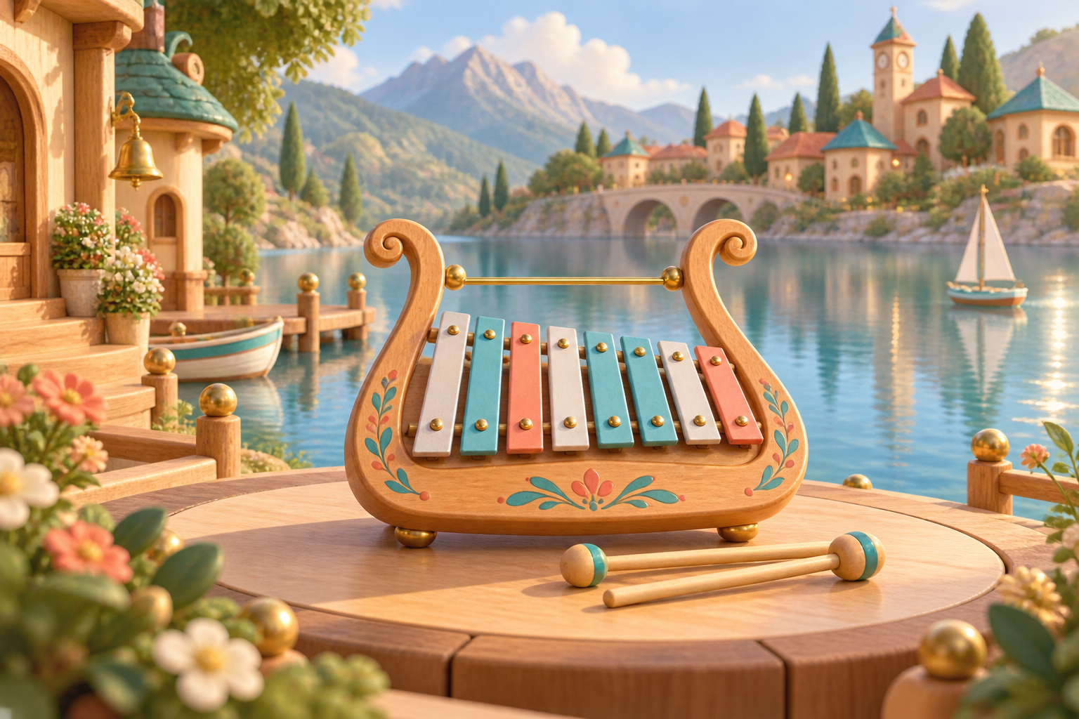 Illustration de Glockenspiel lyre pour Melodiwi, direction artistique du village-boîte à musique.