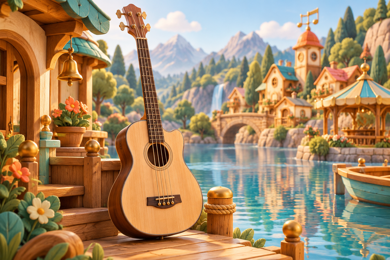Illustration de Guitare basse acoustique pour Melodiwi, direction artistique du village-boîte à musique.