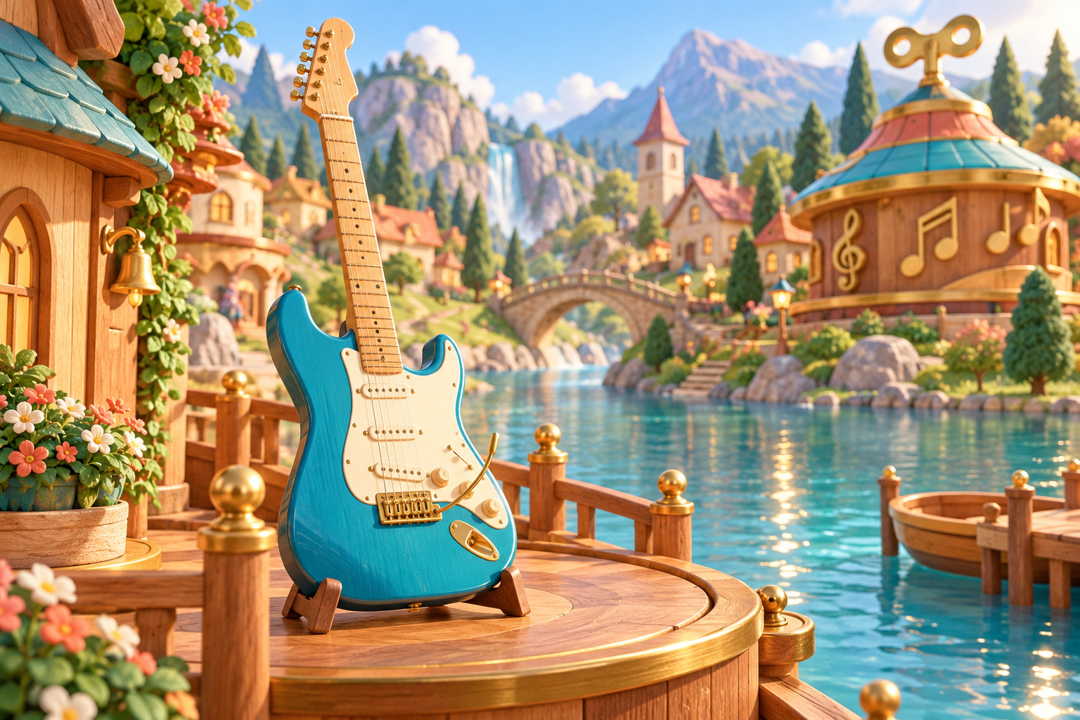 Illustration de Guitare électrique pour Melodiwi, direction artistique du village-boîte à musique.