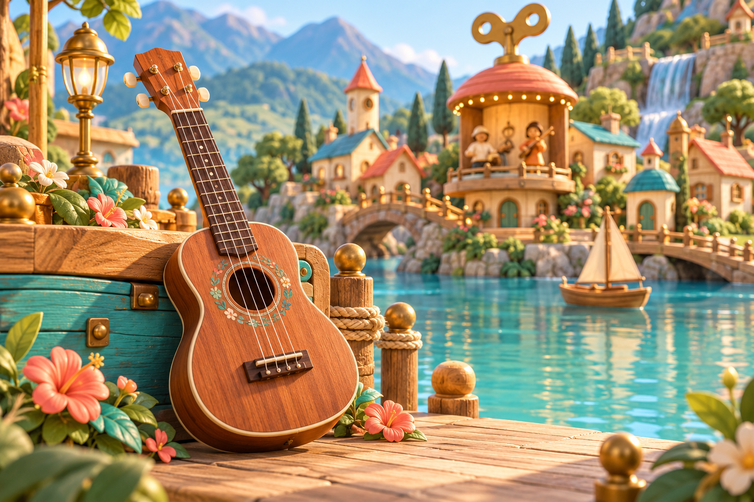 Illustration de Guitare hawaïenne pour Melodiwi, direction artistique du village-boîte à musique.