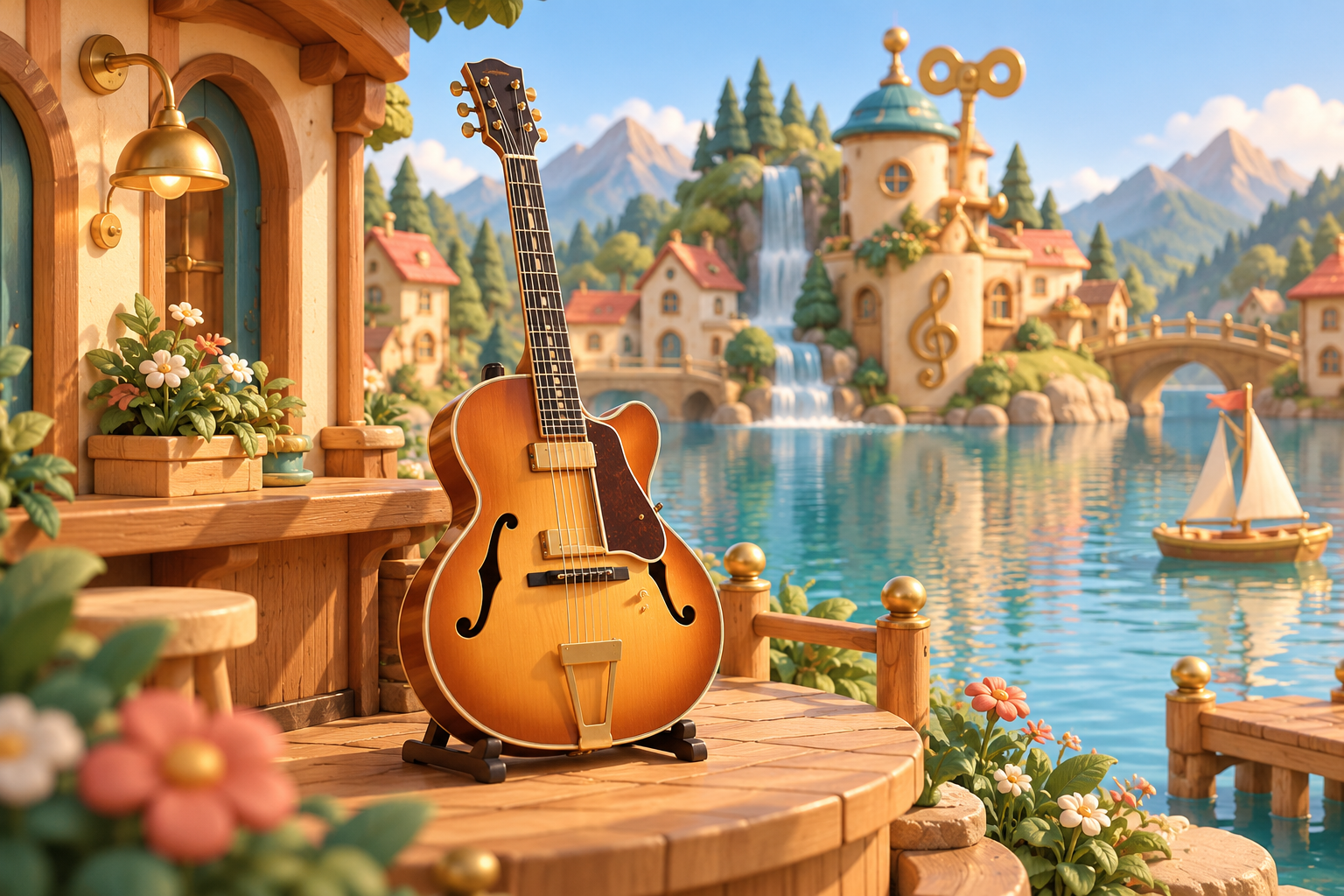 Illustration de Guitare jazz pour Melodiwi, direction artistique du village-boîte à musique.