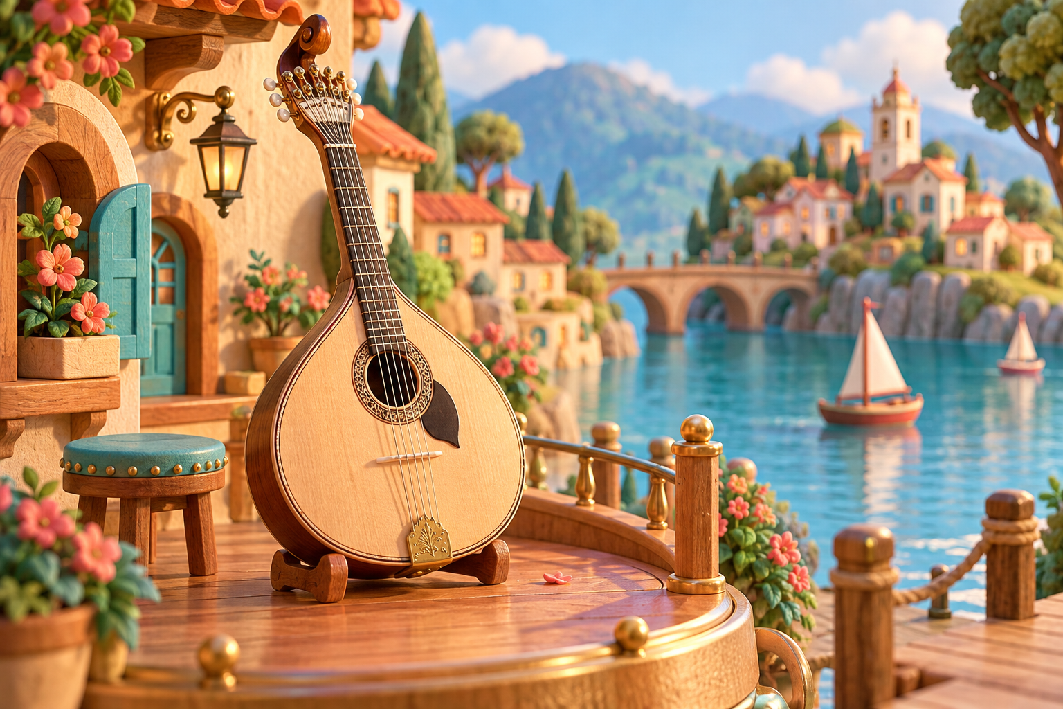 Illustration de Guitare portugaise pour Melodiwi, direction artistique du village-boîte à musique.