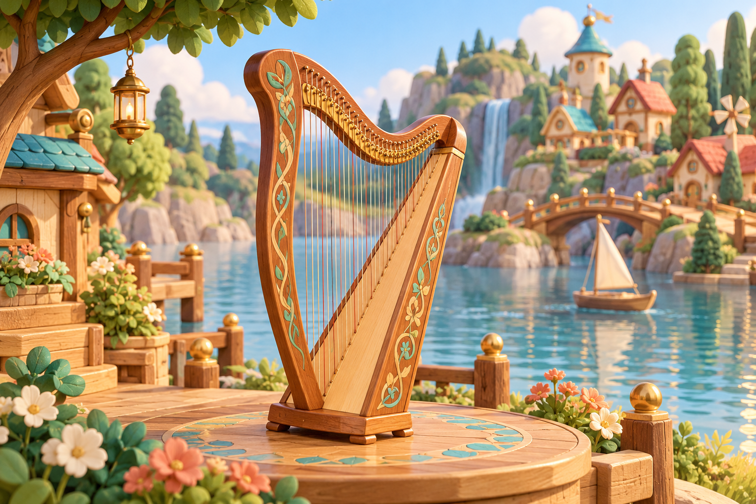 Illustration de Harpe celtique pour Melodiwi, direction artistique du village-boîte à musique.