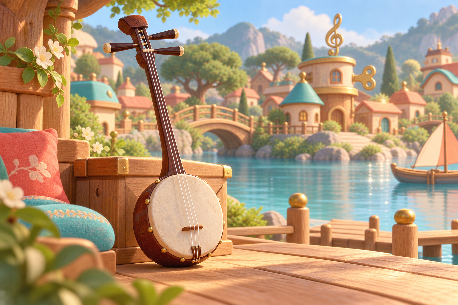 Illustration de Kankara sanshin pour Melodiwi, direction artistique du village-boîte à musique.