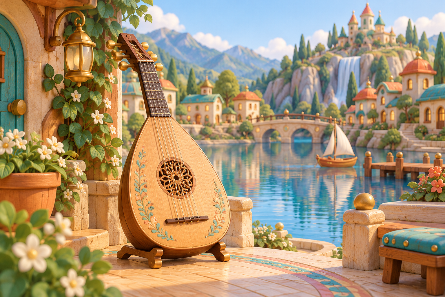 Illustration de Luth pour Melodiwi, direction artistique du village-boîte à musique.