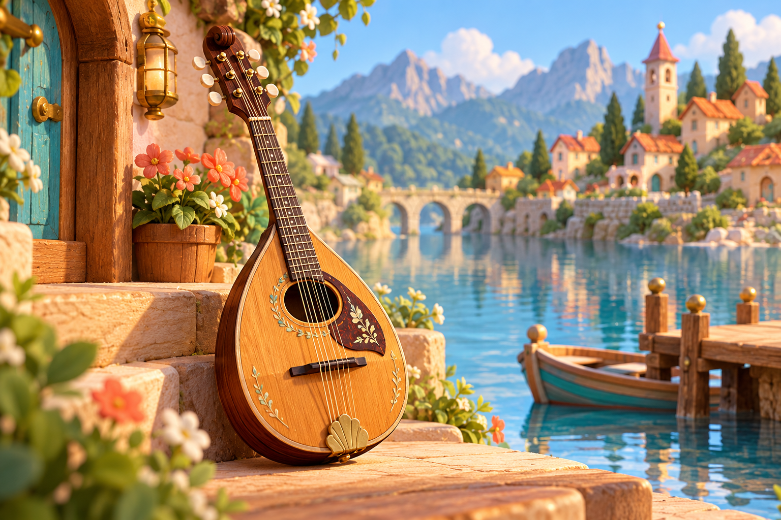 Illustration de Mandoline pour Melodiwi, direction artistique du village-boîte à musique.