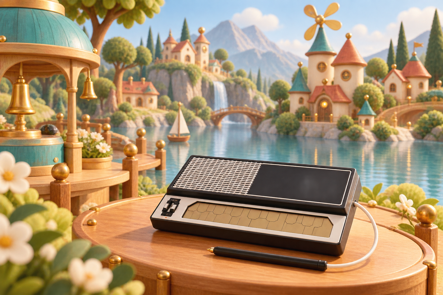 Illustration d'un mini-synthétiseur à stylet pour Melodiwi, direction artistique du village-boîte à musique.