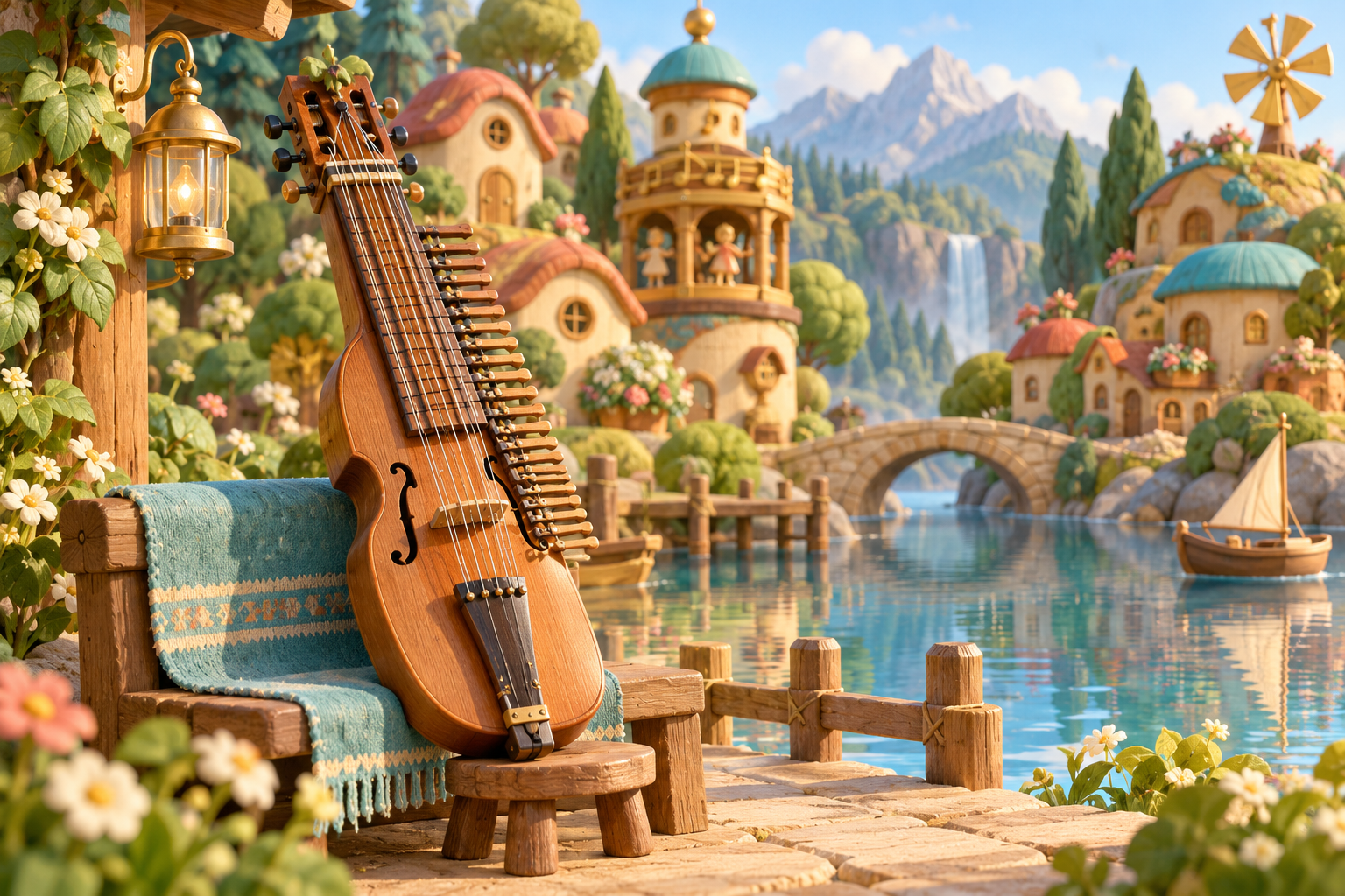 Illustration de Nyckelharpa pour Melodiwi, direction artistique du village-boîte à musique.