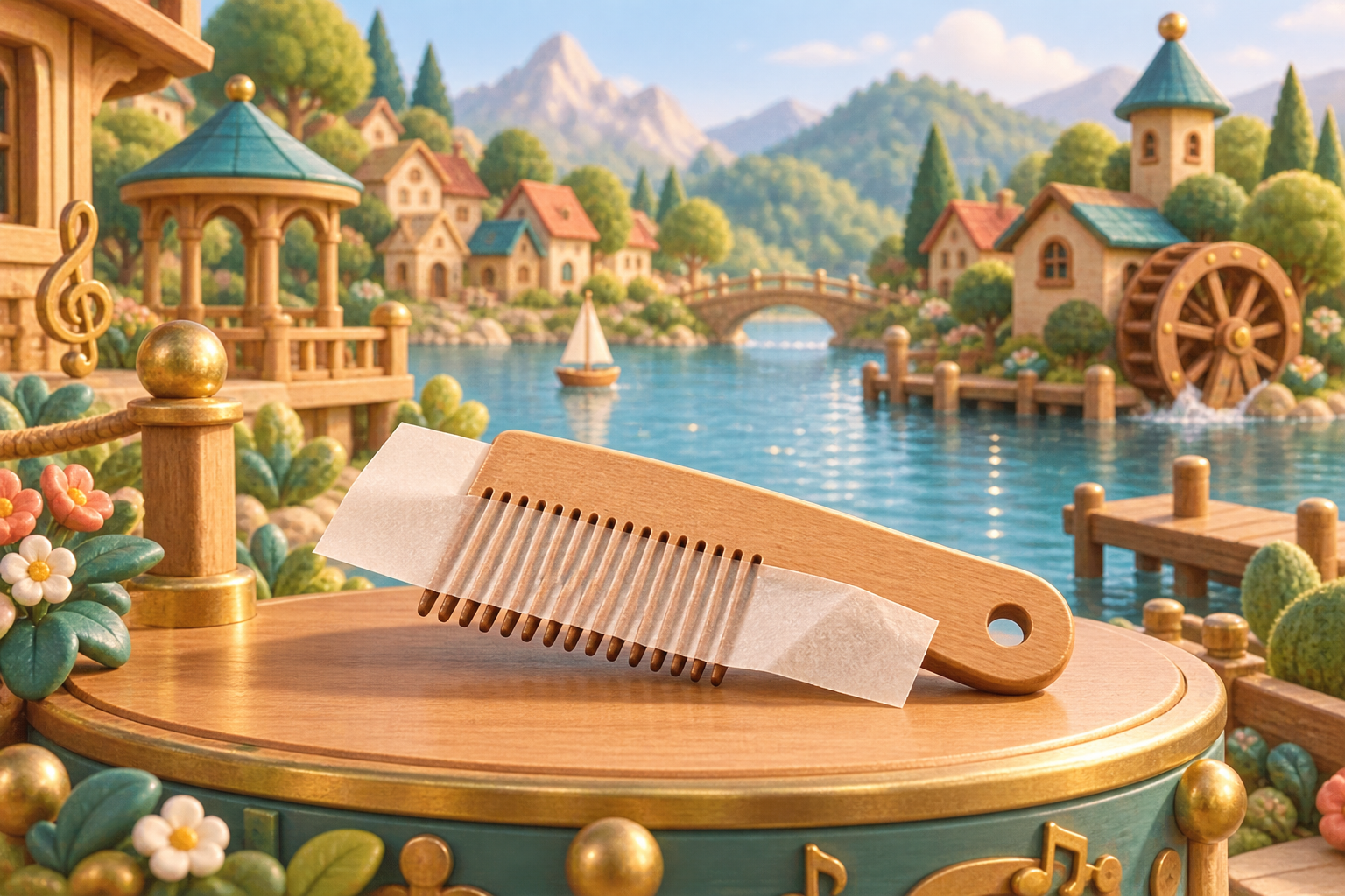 Illustration de Peigne et papier (mirliton maison) pour Melodiwi, direction artistique du village-boîte à musique.