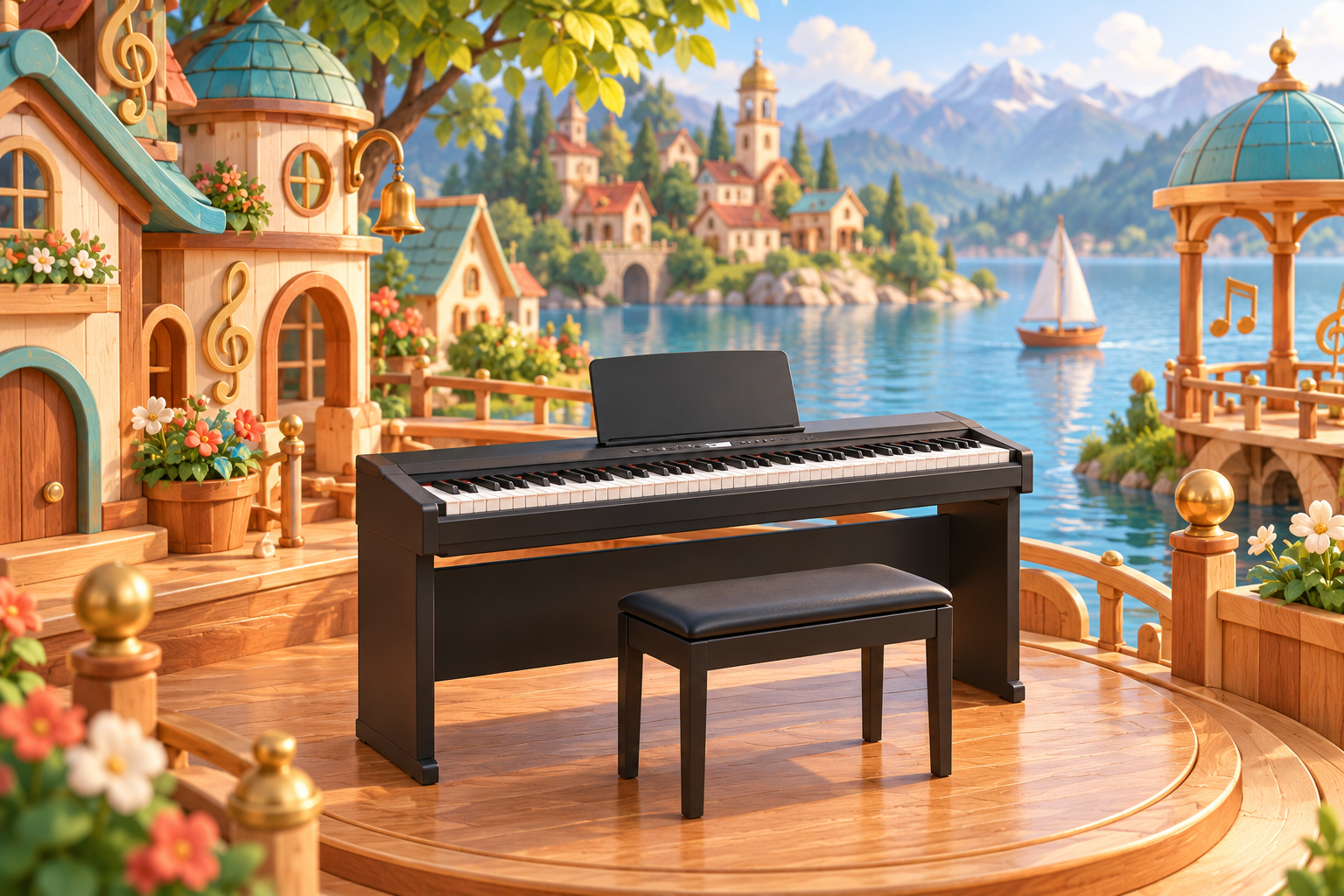Illustration de Piano électronique pour Melodiwi, direction artistique du village-boîte à musique.