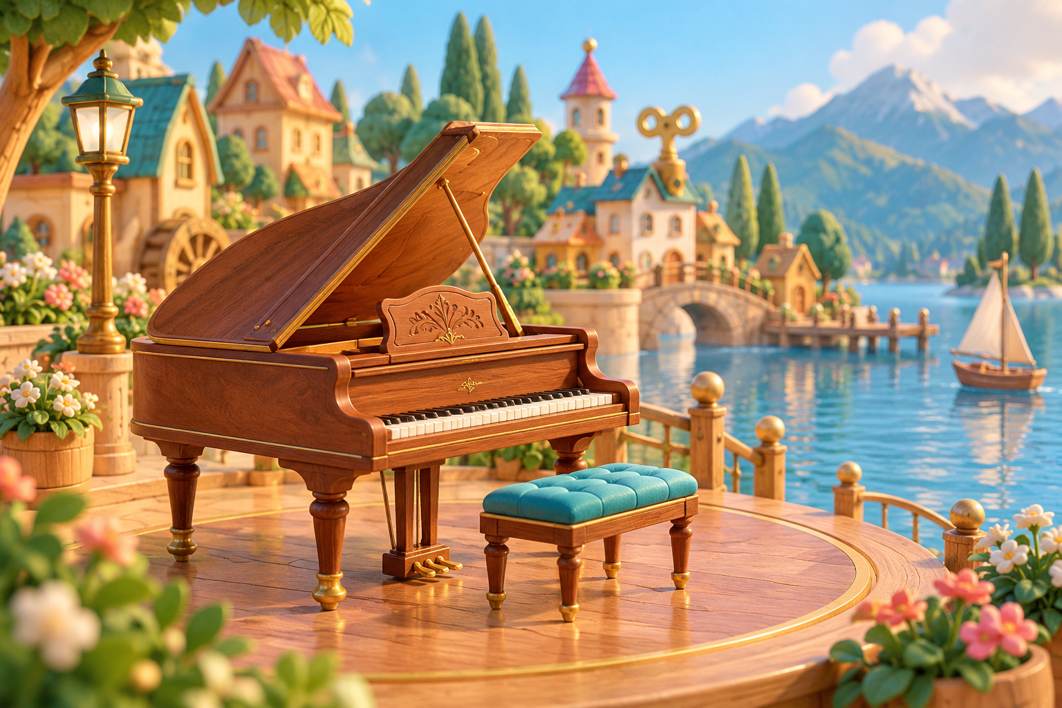 Illustration de Piano-forte pour Melodiwi, direction artistique du village-boîte à musique.