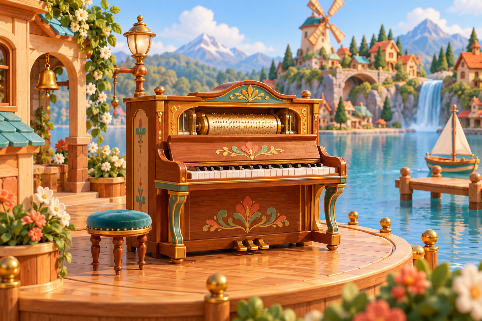 Illustration de Piano mécanique pour Melodiwi, direction artistique du village-boîte à musique.